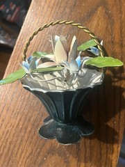 Vintage Italian Tole Metal Flower Basket MCM Mini Toleware Painted Blue Pink
