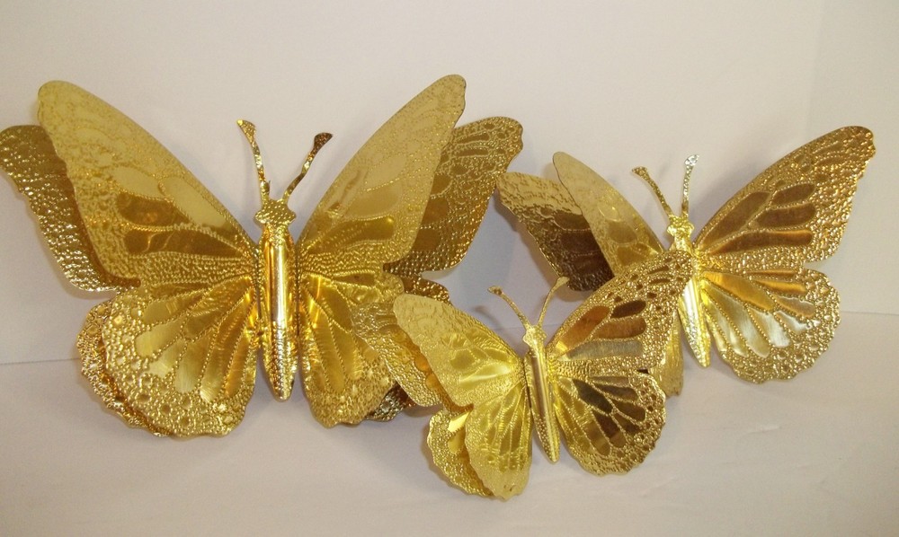 Vintage Home Interior Wall Hanging Gold Tone Metal Butterflies (Set Of 3) shiny