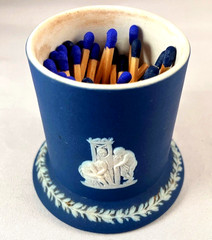 Antique 1893 Wedgwood Dark Blue Jasperware Match Holder w/Rare Strike; Toothpick