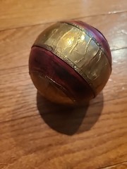 (2) Vintage Decorative Balls Brown Wood Sphere Embossing Brass Metal Inlay