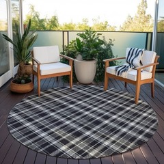8′ Black Gray And White Round Plaid Washable Rug