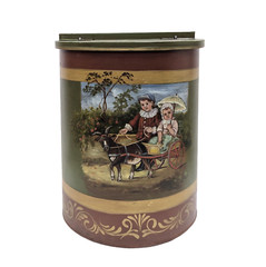 Rare 13″ Primitive Toleware Painted Metal Bin Hangs Storage Children Goat Cart