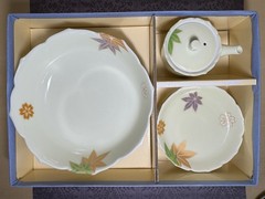 Japanese Porcelain 7 Piece Maple Leaf Set Nishiyama Region Unused Original