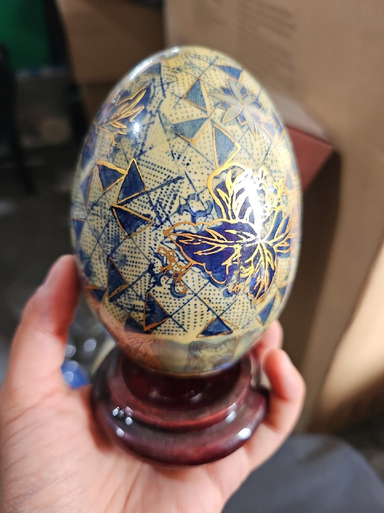 Vintage Handpainted Cloisonné Egg Blue White Gold Floral Geometric Design