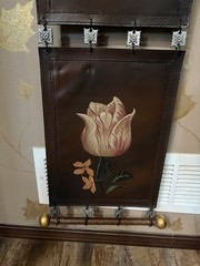 Vintage long 4 panel brown Leather Wall hanging hand painted tulips metal rods