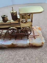 Vtg Signed DeMott Brass & Copper “Western Express” Train Sculpture on Onyx Base