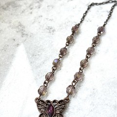 1928 Vintage Bronze Tone Purple Butterfly Pendant Station Necklace Boho Dainty