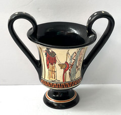 Vintage Greek Double Handled Terracotta Kantharos Vase Signed 5″H Hand Painted