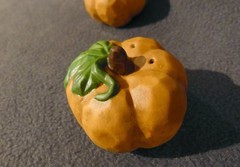 House of Floyd Salt/pepper pumpkin shaker set, porcelain, orange, new in box