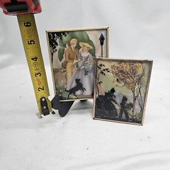 PAIR of Reverse Painted Couple Romance Silhouettes on Convex Glass 1940 VINTAGE.