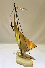 VTG Brass Sailboat Seagull Sculpture DeMott Signed Marble Quartz Base 13″