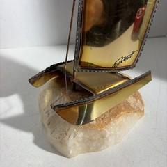 Vintage Mid Century Modern Brutalist Brass Trimaran Pontoon Sailboat Sculpture