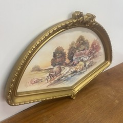 Vintage Homco Fan Shape Gold Bow Framed Picture Autumn Harvest Cottage