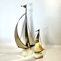 2 Vtg De Mott Brass & Copper Sailboats Art Sculpture Onyx Bases Nautical EVC