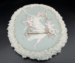 Antique SHAFER VATER Jasperware Wall Plaque Swinging Maiden Cherubs High Relief