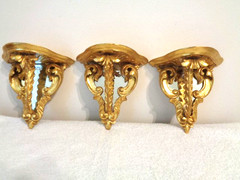 Set of 3 Mirrored Florentine Gold Gilt Wood Small Petite Wall Sconce/ Shelves