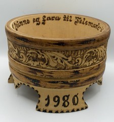 Vintage Norwegian Tine Butter Bowl Hand Carved Wood Rosemaling Morgedal 1980