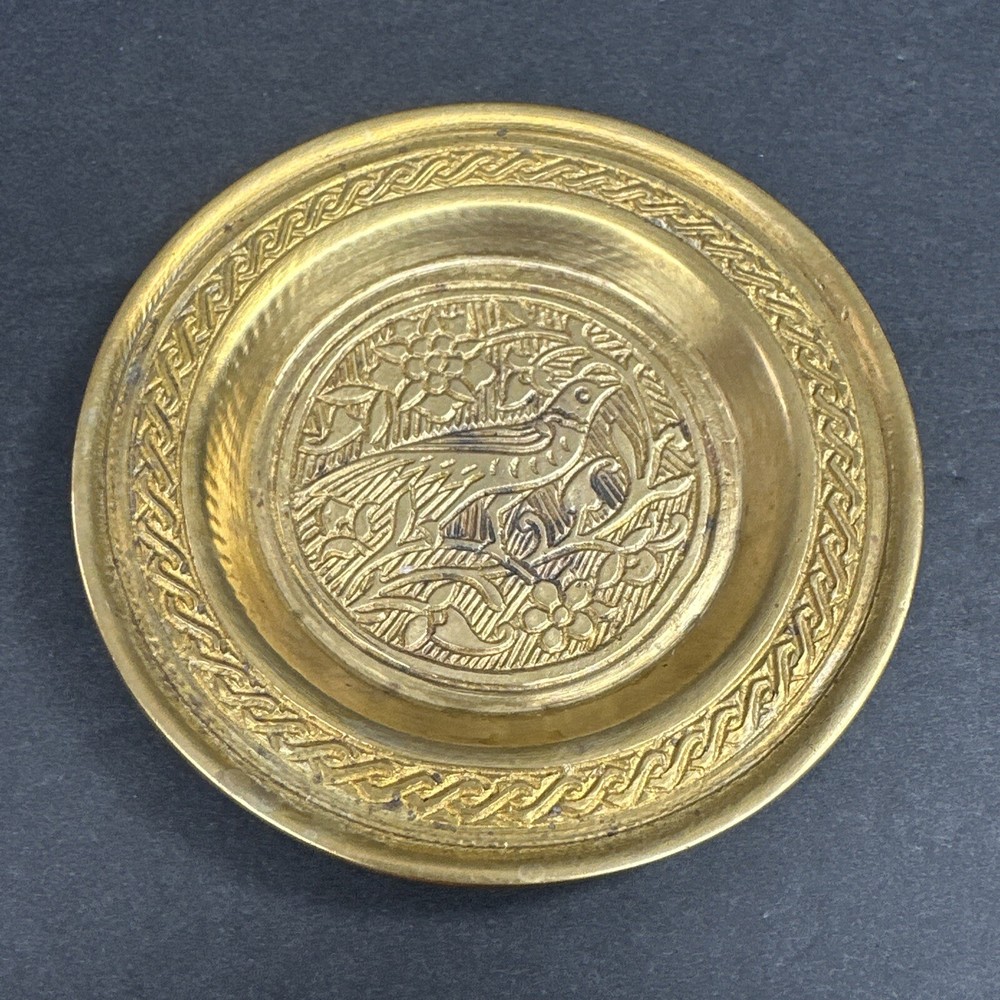 Vtg Brass Trinket 4” Dish Ornate Etched Bird Motif Asian Coaster Oriental Flower