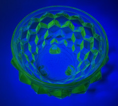 Vintage Green Uranium Glass Diamond Point Footed Dish w Clear Flower Frog Insert
