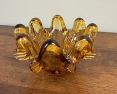 Vintage MCM Amber Hand Blown Art Glass Freeform Bowl 8 Prunts Czech Style 5″