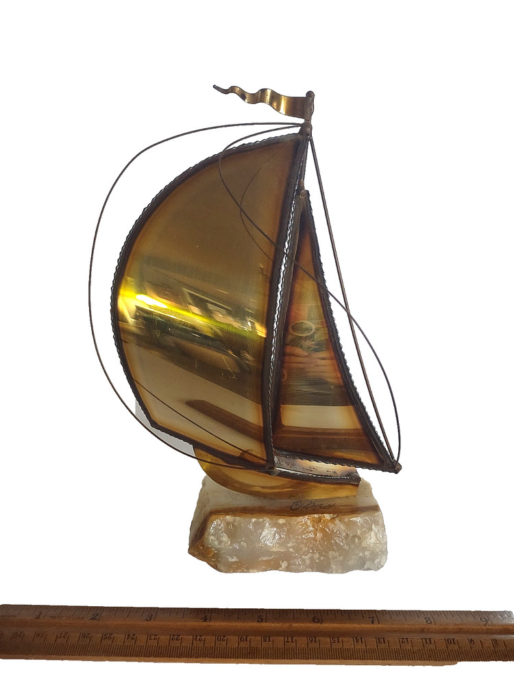 Vintage Signed John Demott Metal Sailboat Sculpture On Onyx Base *9.5″