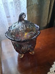 Imperial Glass Louis 14th Lidded Footed Jar Carnival Glass 6.75″ Tall 4.75″ Diam
