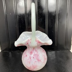 Pink Hand Blown Art Glass Basket Bowl Mid Century Pink & White Swirl 9″ Vintage