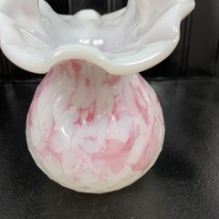 Pink Hand Blown Art Glass Basket Bowl Mid Century Pink & White Swirl 9″ Vintage
