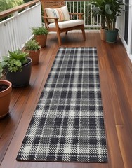 8′ Runner Black Gray and White Plaid Washable Non Skid Indoor Outdoor Rug