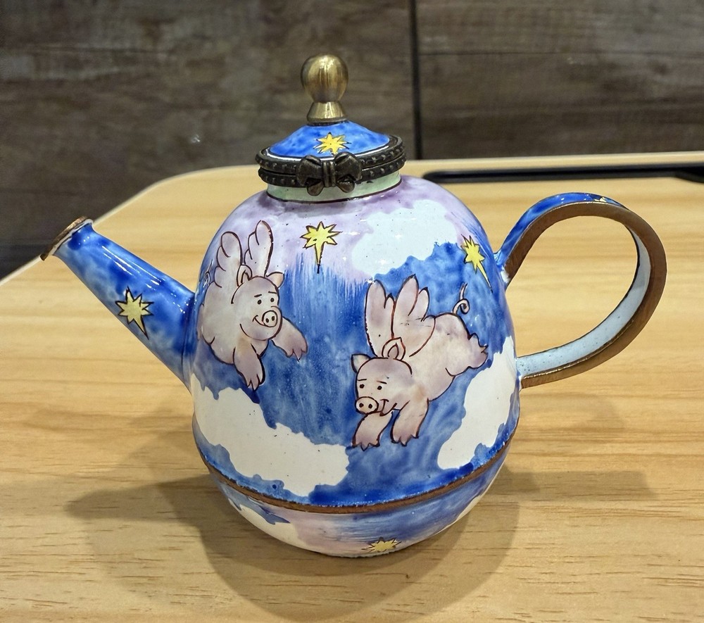Kelvin Chen 2001 Blue Enameled Miniature Teapot Flying Pig #1393