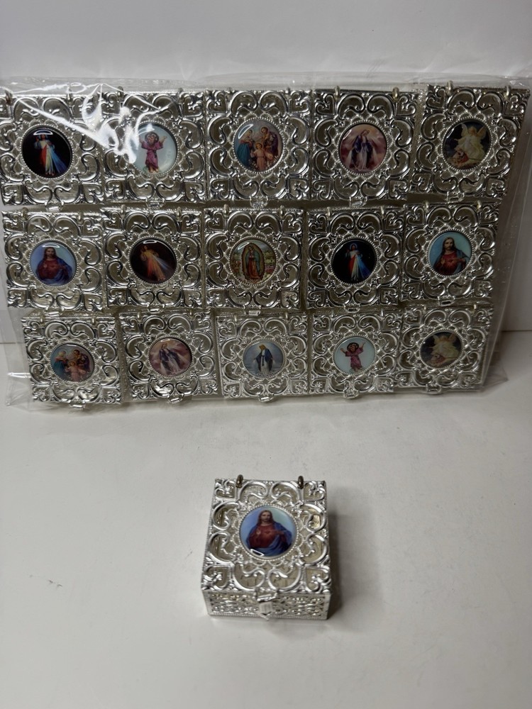 Silver Metal Religious Blessing Trinket Ring Box Rosary Jewelry Catholic NEW