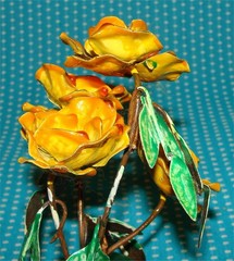 2 Unusual Vtg Enameled Metal Orange Flower Sculptures 6” Arrangement Resin Open