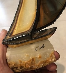 DeMott Brass Sailboat Sculpture Onyx Stone Base Signed