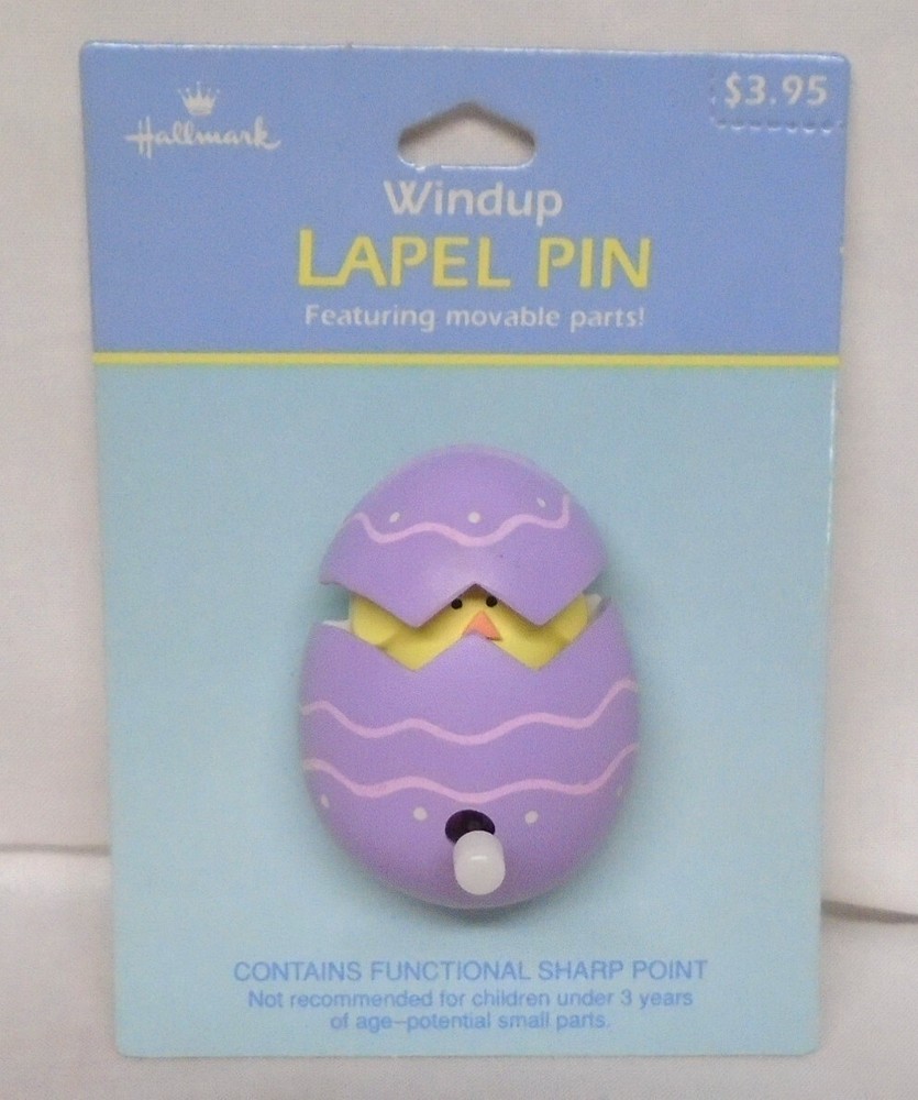 Hallmark 1990s Wind Up Plastic Easter Lapel Pin Chick in Egg Opens & Closes