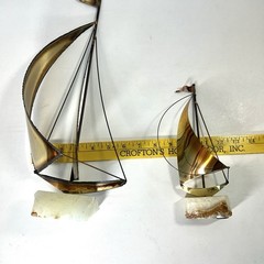 2 Vtg De Mott Brass & Copper Sailboats Art Sculpture Onyx Bases Nautical EVC