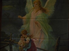 Antique Print Religion Angel watching Children on Bridge 16″ x 12″ old unframed
