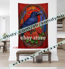 Raven Window Tapestry Gothic Bird Fantasy Wall Hanging dark art 39X59 in