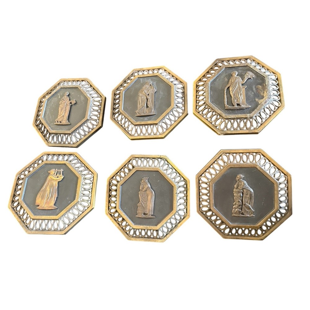 Vintage Greek Mythology Relief Plaques Set Of 6 Octagonal Brass Wall Decor