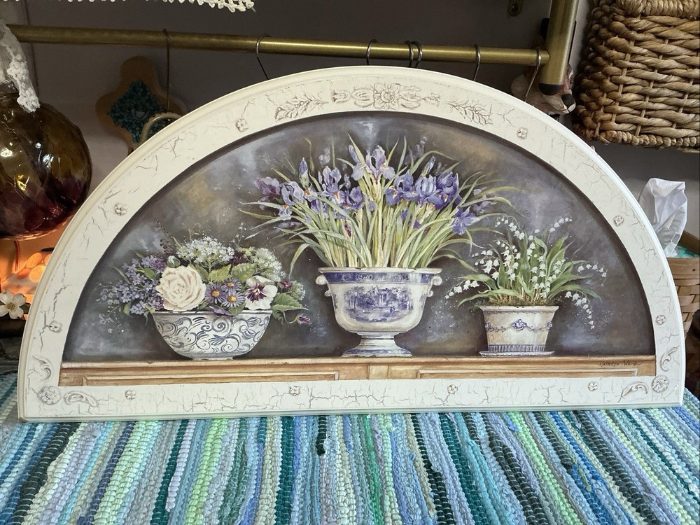 Vintage Wooden Arched Iris Lily Of The Valley Floral Crackled Designed Print