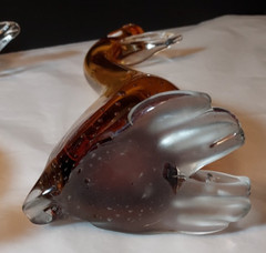 Unique Pair of Murano Hand Blown Swans/Ducks in Amber Tones and Bubbled Design