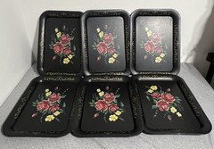 Vintage Black Metal Serving Trays Set of 6 Hand Painted Floral Rose Toleware Art