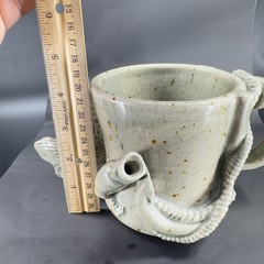 Hand Made Stoneware Pottery Large Heavy Mug Cup 3D Sea Creatures Marked Handle