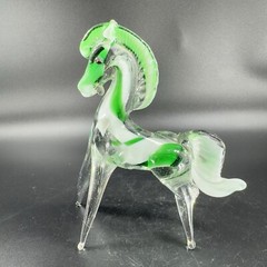 Hand Blown Art Glass Horse Figurine Paperweight Hand Made Glass Green White VTG