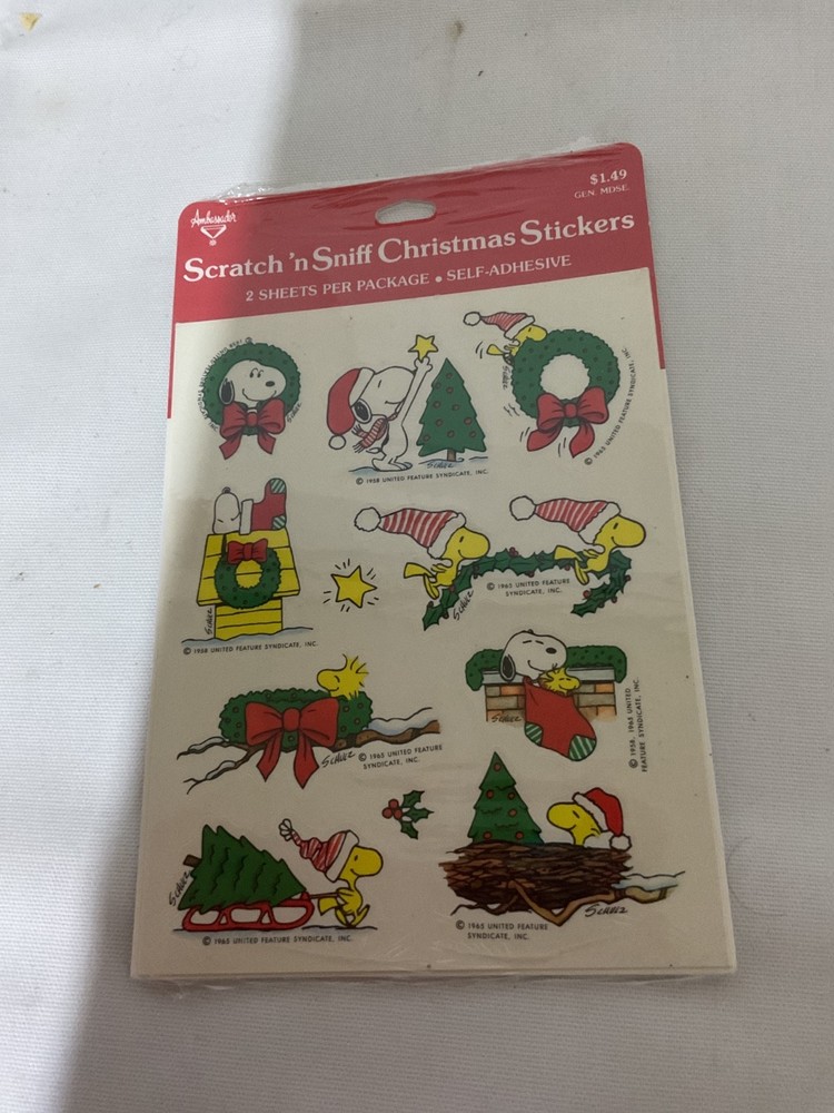 Snoopy Ambassador Scratch’n Sniff Christmas Sticker Sheet 1980’s Peanuts Holiday