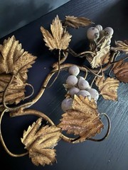 Vintage Italian Leaves Gold Gilt Tole Grapes Leaves Wall Decor MCM 16”x6.5”