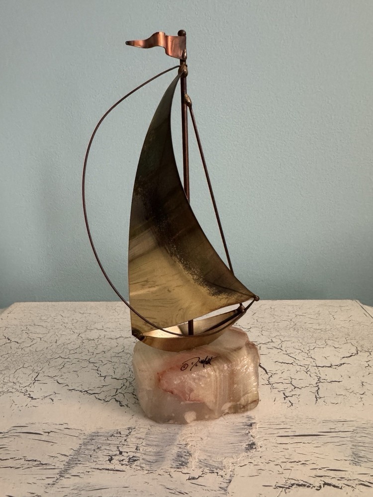 Vintage Signed DEMOTT Sailboat Sculpture USA Onyx Base Copper Brass-8.5”