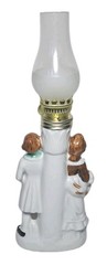 Edwardian 11″ Porcelain Kerosene Lamp Dressed Man Woman Decor Vintage Japan