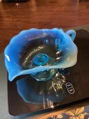 Antique 7” Dugan Glass Blue Opalescent Rayed Jane Footed Nappy Dish