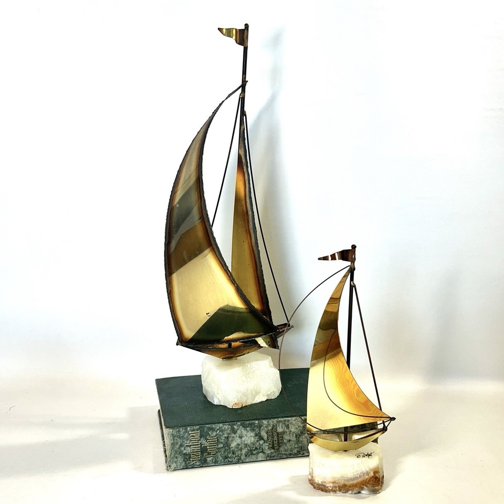 2 Vtg De Mott Brass & Copper Sailboats Art Sculpture Onyx Bases Nautical EVC