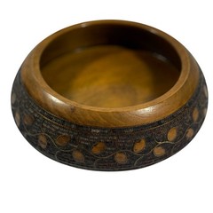 VTG Willi Huggler Brienz Brown Inlaid Leaf Wood Bowl Folk Art Switzerland